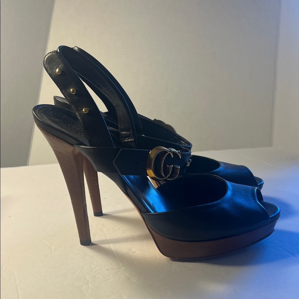 GUCCI GG Running Black Leather Platform Heels wood platform stacked heel sz 39.5 - Picture 15 of 16
